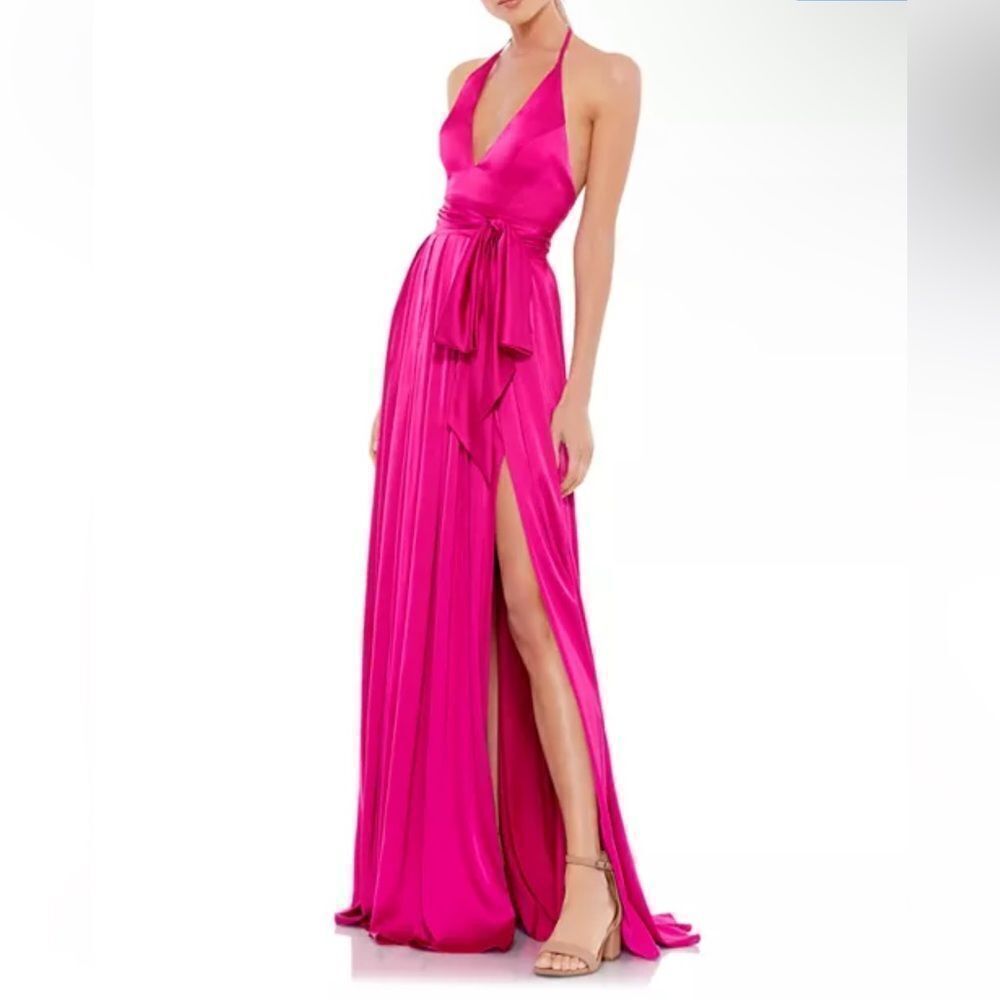 Nwt Ieena Mac Duggal Fuschia Pink Satin Halter Gown Dress Maxi Prom 26531 10